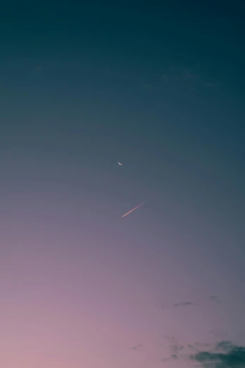 a plane that is flying in the sky, by Niko Henrichon, postminimalism, meteor, ✨🕌🌙, is at dawn and bluish, mauve and cyan