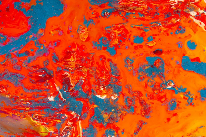 a close up of an orange and blue painting, flickr, action painting, cover with a lot of red water, shades of aerochrome, molten plastic, 144x144 canvas