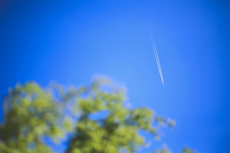 a jet flying through a blue sky next to a tree, a picture, unsplash, plein air, tilt shift”, smoke :6, shooting star, documentary photo