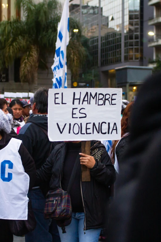 a group of people walking down a street holding signs, by Luis Molinari, flickr, that violence breeds violence, blue and white, (1 as december, square