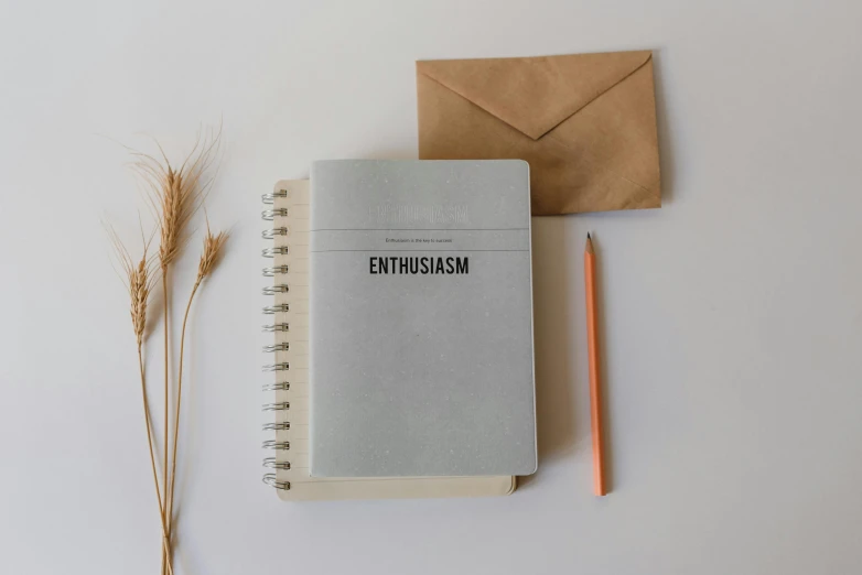 a notebook sitting on top of a table next to a pencil, inspired by Emil Bisttram, unsplash contest winner, letterism, amused, light grey, epicurious, embossed