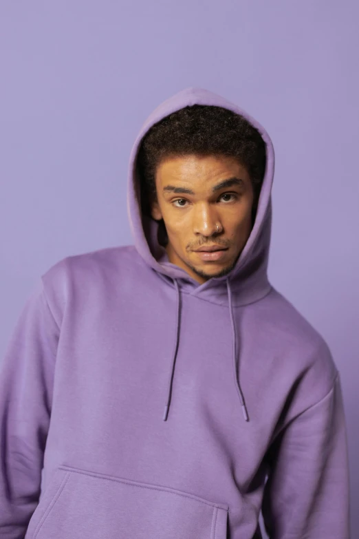 a young man wearing a purple hoodie, trending on pexels, renaissance, pastel clothing, like a catalog photograph, ((purple)), mixed race