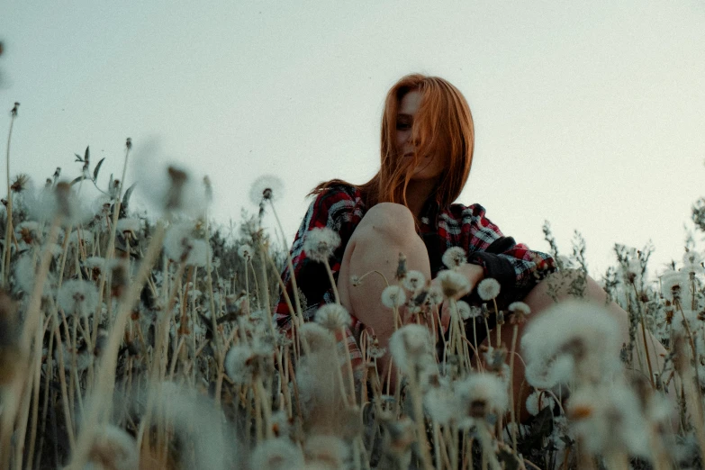 a woman sitting in a field of tall grass, inspired by Elsa Bleda, pexels contest winner, aestheticism, short redhead, thistles, sitting on the floor, still from a music video