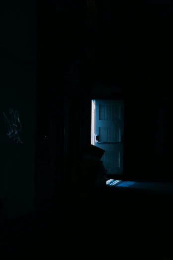 a bed sitting in a dark room next to a window, pexels contest winner, blue door, scary lighting, about to enter doorframe, cold blue light