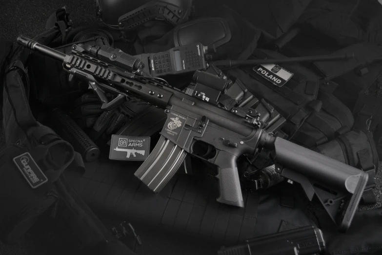 a gun laying on top of a black bag, a 3D render, trending on polycount, airsoft cqb, background image, instagram picture, profile picture