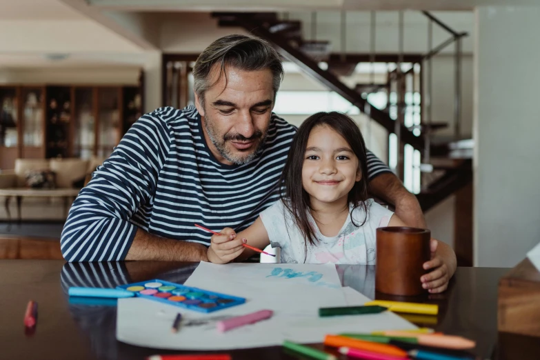 a man and a little girl sitting at a table, a child's drawing, pexels contest winner, avatar image, cool dad vibes, 45 years old men, exploration