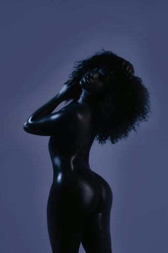 a woman in a black wetsuit posing for the camera, an album cover, inspired by Robert Mapplethorpe, trending on pexels, dark purple skin, curvy accentuated booty, pearlescent skin, afro