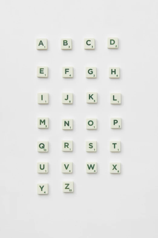 a number of letters on a white surface, 2 5 6 x 2 5 6 pixels, mini model, green and white, product shot