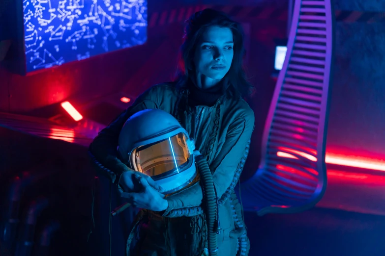 a woman in a space suit holding a helmet, from netflix's arcane, ashley greene, sci-fi night club, spaceship interior