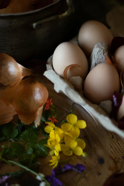 a bunch of eggs sitting on top of a wooden table, a still life, unsplash, renaissance, edible flowers, surrounding onions, hen of the woods mushrooms, detail shot