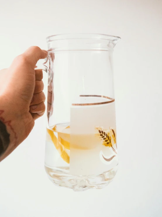 a person holding a glass of water with a lemon slice in it, inside a glass jar, 4l, touch of gold leaf, detailed product image