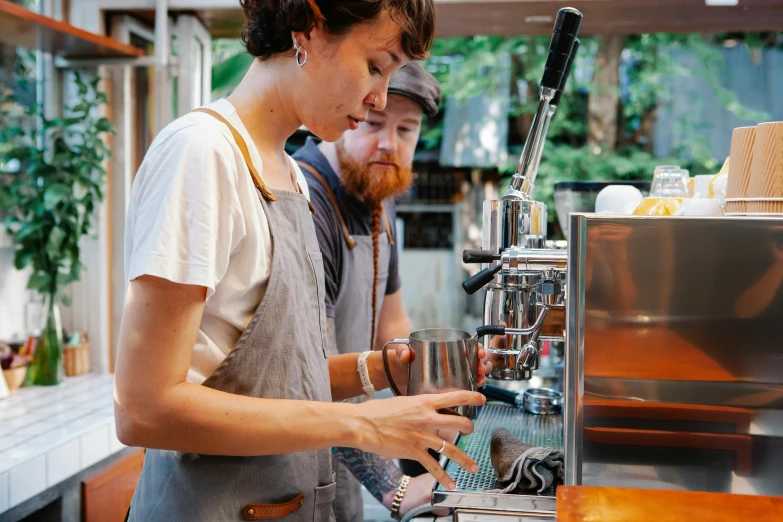 a couple of people standing in front of a coffee machine, al fresco, pouring techniques, lachlan bailey, profile image