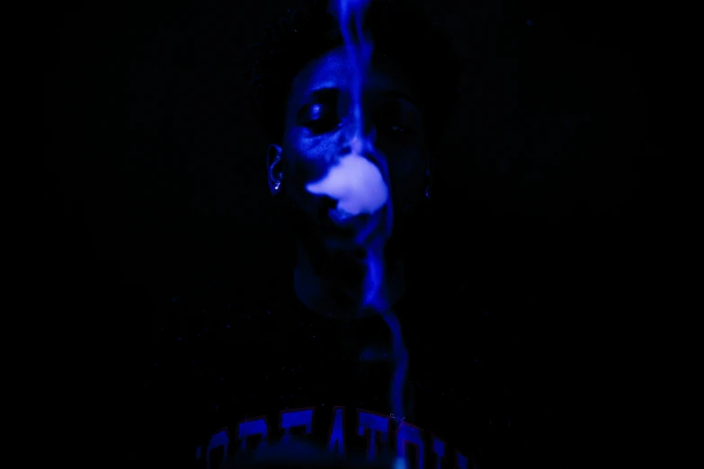 a woman smoking a cigarette in the dark, an album cover, by Stokely Webster, process art, ((blue)), marijuana photography, :6 smoke grenades, playboi carti portrait