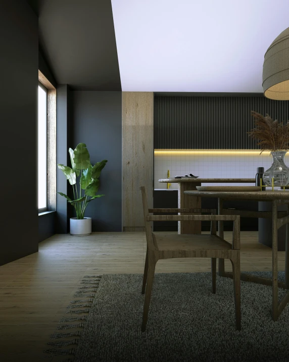 a dining room with a table and chairs, a 3D render, polycount contest winner, light and space, apartment with black walls, extremely detailed + 8k, minimal kitchen, black vertical slatted timber