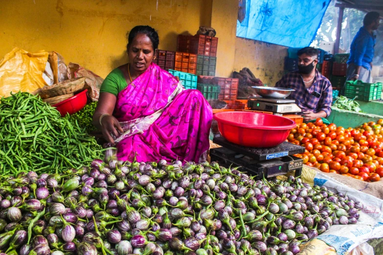 a woman sitting in front of a pile of vegetables, by Sam Dillemans, pexels contest winner, purple and green, on an indian street, surrounding onions, thumbnail