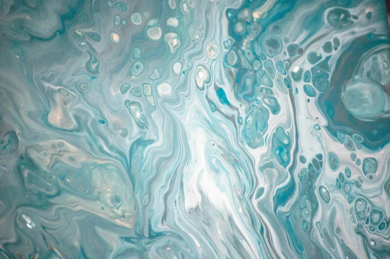 a close up of a blue and white painting, iridescent soapy bubbles, turqouise, sand swirling, mint