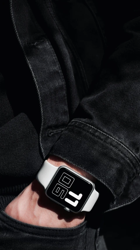 a close up of a person wearing a watch, by Android Jones, wearing a jeans jackets, white on black, game ready, detailed product image
