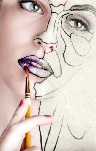 a drawing of a woman's face with a pencil in her mouth, an airbrush painting, trending on pexels, art photography, beauty campaign, photomontage, ivory make up, ilustration