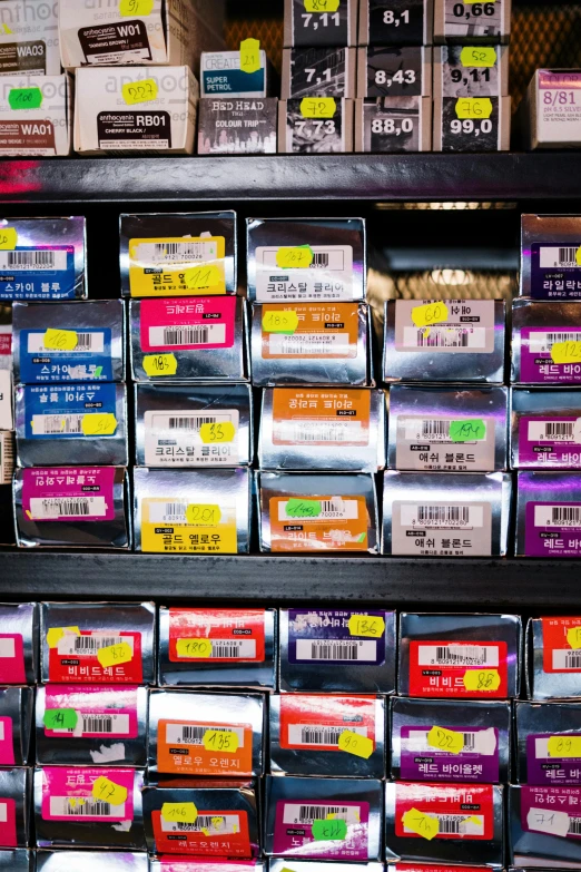 a store shelf filled with lots of different types of soap, inspired by Andreas Gursky, happening, hou china, barcodes, perfect colorful eyeshadows, medical labels