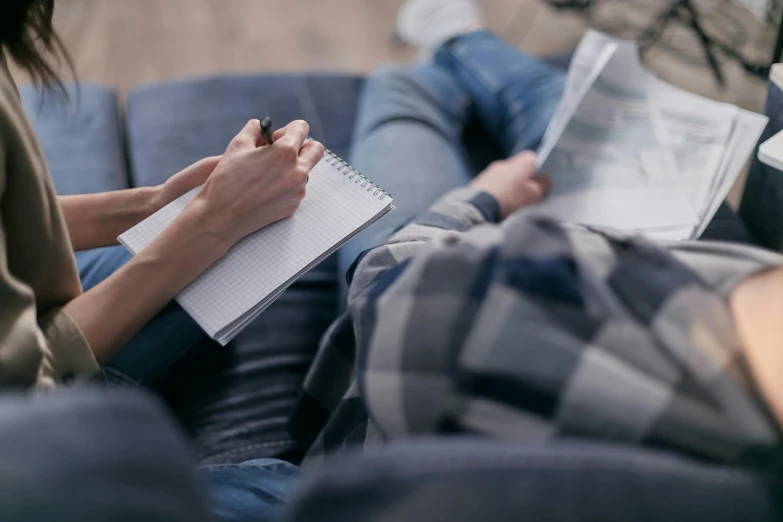 a woman sitting on a couch reading a book, by Julian Allen, pexels contest winner, writing on a clipboard, teenage boy, lachlan bailey, with notes