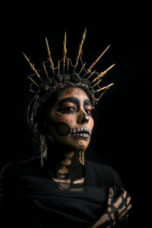 a woman with makeup and a crown on her head, by Alejandro Obregón, pexels contest winner, hyperrealism, skeletal omens, in a spiky tribal style, black and gold wires, the'other mother'from'coraline '
