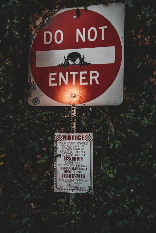 a do not enter sign in front of a bush, a poster, pexels, graffiti, scary night, mothman, traffic signs, 2019 trending photo