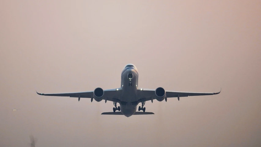 a large jetliner flying through a hazy sky, by Will Ellis, pexels contest winner, landing gear, looking from slightly below, round-cropped, ap art