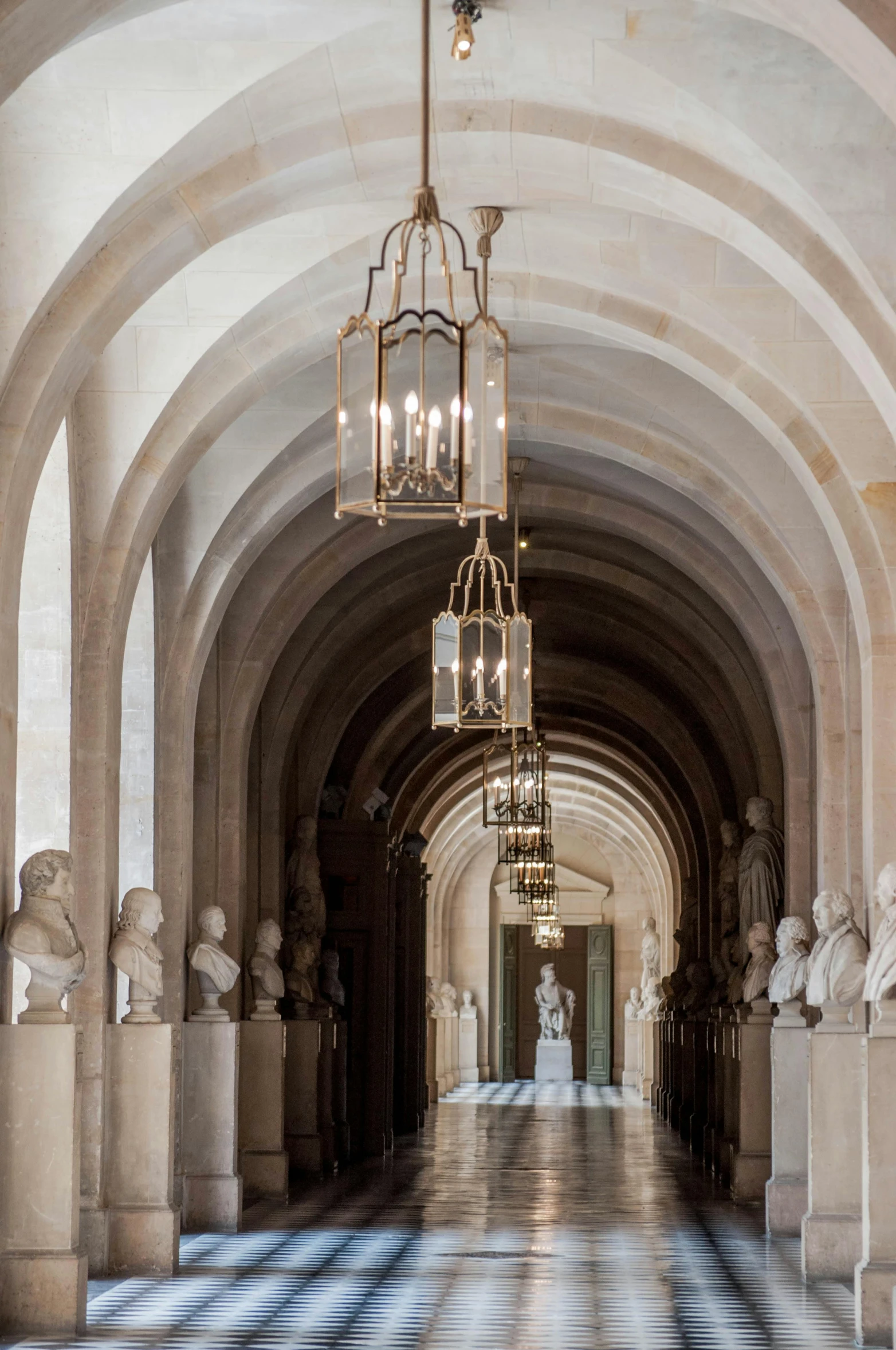 a long hallway with statues and a chandelier, inspired by Adélaïde Victoire Hall, buttresses, gallery lighting, 2 5 6 x 2 5 6 pixels, courtyard walkway