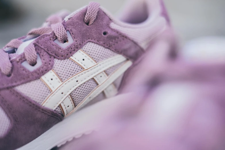 a close up of a pair of purple sneakers, by Austin English, trending on unsplash, pastel pink, stripes, panels, highly detailled