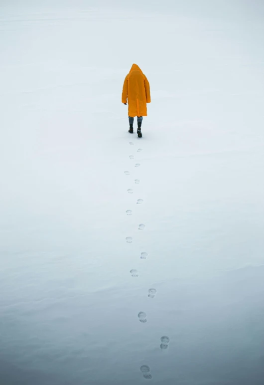 a person walking across a snow covered field, an album cover, by Jesper Knudsen, pexels contest winner, land art, wearing a yellow hoodie, footprints, catwalks, loyal