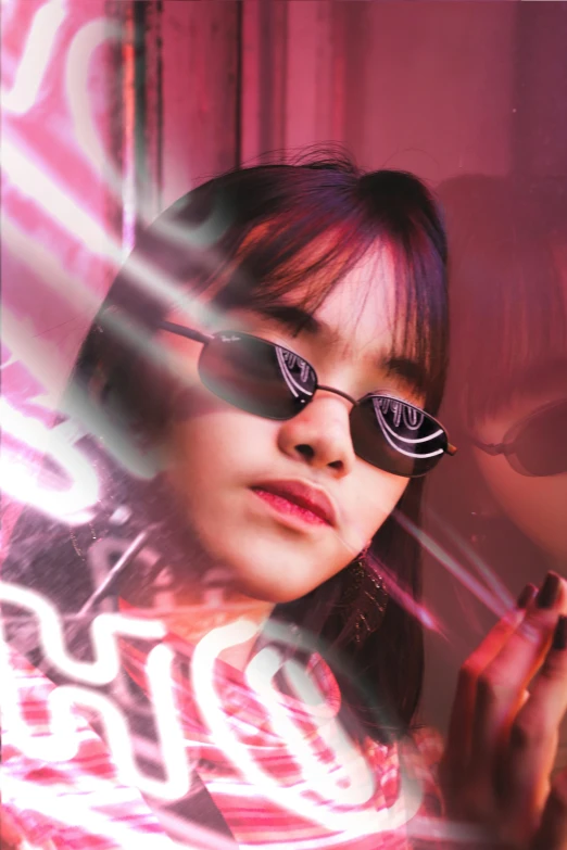 a close up of a person wearing sunglasses, a picture, inspired by Yanjun Cheng, trending on pexels, futurism, young asian girl, neonlights, lalisa manobal, instagram story