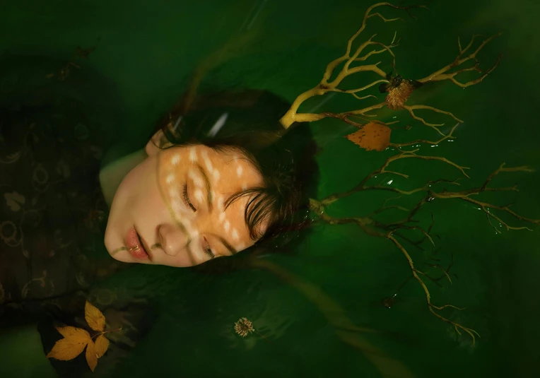 a woman laying in the water with her eyes closed, an album cover, inspired by Elsa Bleda, pexels contest winner, magic realism, branches sprouting from her head, green face, portrait of arya stark, cai xukun