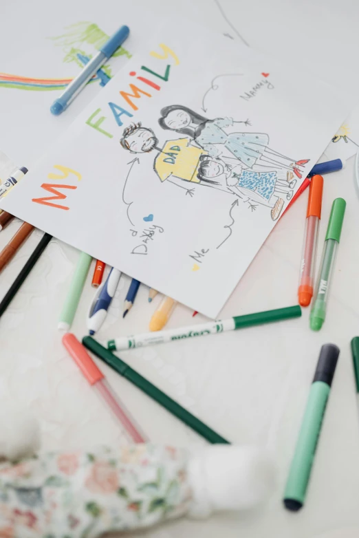 a table topped with lots of different colored crayons, a child's drawing, by Nicolette Macnamara, pexels, on white paper, family photo, childrens illustrated storybook, penned with thin colors on white