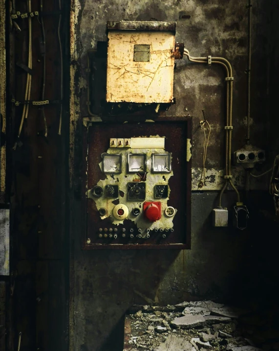 an old electrical panel in a run down building, an album cover, unsplash contest winner, nuclear art, dimly lit underground dungeon, promo image, boiler room, cinema still