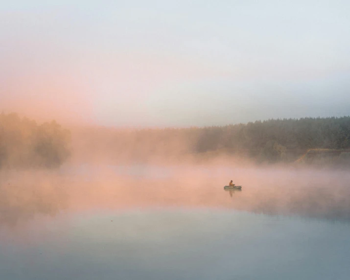 a small boat floating on top of a lake, unsplash contest winner, tonalism, light pink mist, fisherman, minn, hunting