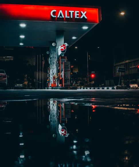 a gas station at night reflected in a puddle of water, an album cover, pexels contest winner, calmly conversing 8k, 2 5 6 x 2 5 6 pixels, beautiful rtx reflections, chillhop