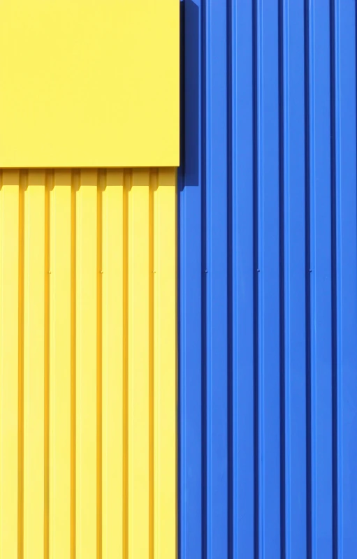a fire hydrant in front of a blue and yellow wall, by Andrei Kolkoutine, metal cladding wall, ikea, shutters, colorful”