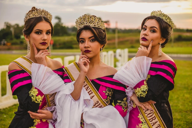 three beautiful women standing next to each other, shutterstock, happening, spanish princess, gold crown, embroidered robes, latina skin