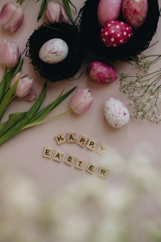 a table topped with pink tulips and eggs, a picture, pexels contest winner, monogram, happy, thumbnail, candy decorations