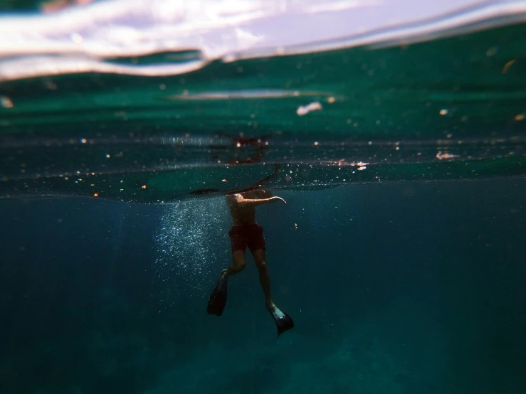 a person swimming in the ocean with a surfboard, a picture, by Elsa Bleda, happening, underwater ocean, fishing, screensaver, upsidedown