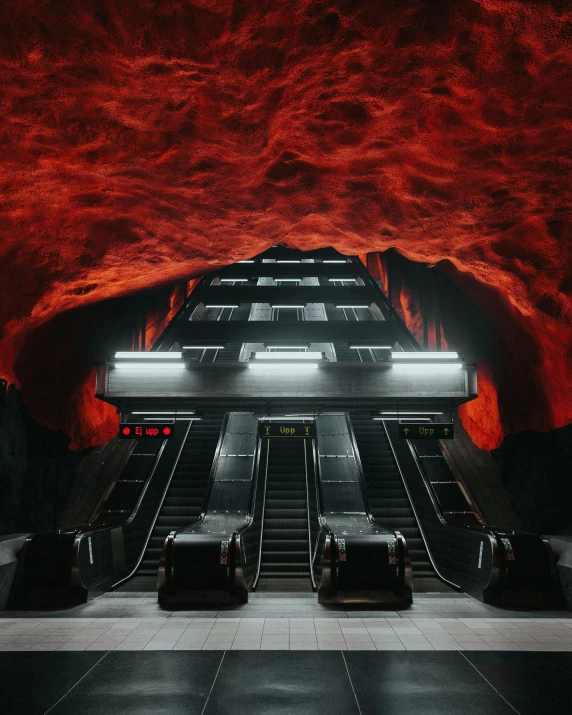 a subway station with a red sky in the background, an album cover, inspired by Filip Hodas, surrealism, made of lava, escalators, ut 4, black and red scheme