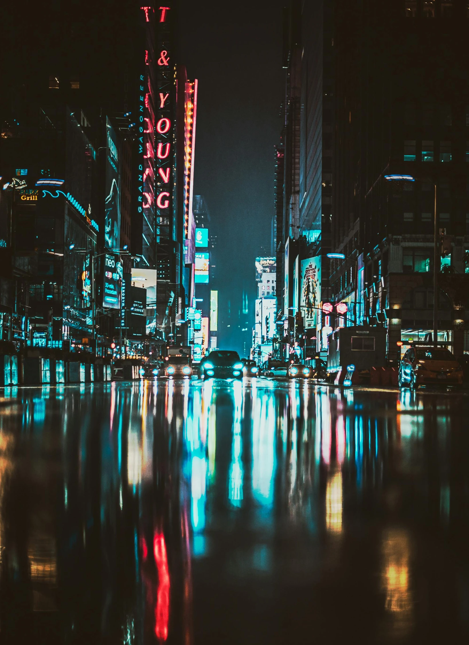 a city street filled with lots of traffic at night, unsplash contest winner, hyperrealism, wet reflections in square eyes, time square, today\'s featured photograph 4k, neon noir