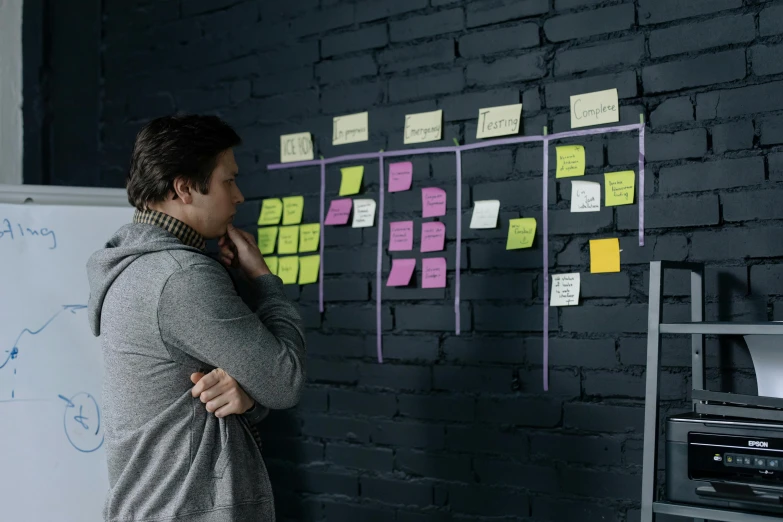 a man standing in front of a wall covered in post it notes, a wireframe diagram, young man in a purple hoodie, inspect in inventory image, avatar image, image