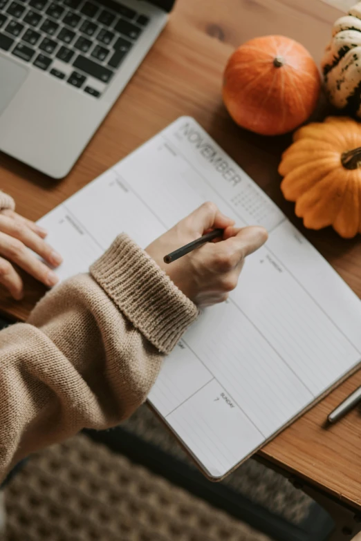 a person writing on a notepad in front of a laptop, by Carey Morris, pexels contest winner, pumpkin, female calendar, promo image, schools