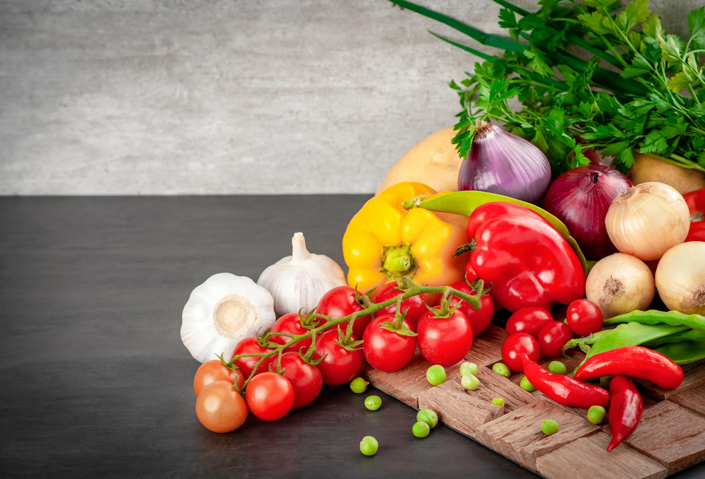 a wooden cutting board topped with lots of vegetables, a still life, by Franz Hegi, shutterstock contest winner, with a black background, on grey background, avatar image, mediterranean