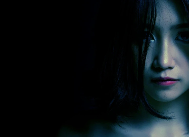 a close up of a person in a dark room, shin hanga, krystal, scary mood, promo image, dim blue light