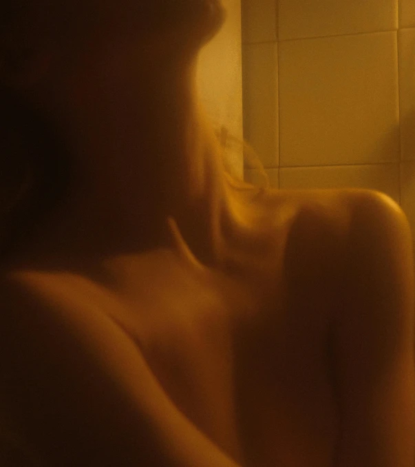 a naked woman sitting in a bathroom next to a mirror, inspired by Nan Goldin, 4 k ], bust with a long beautiful neck, loish |, rinko kawauchi