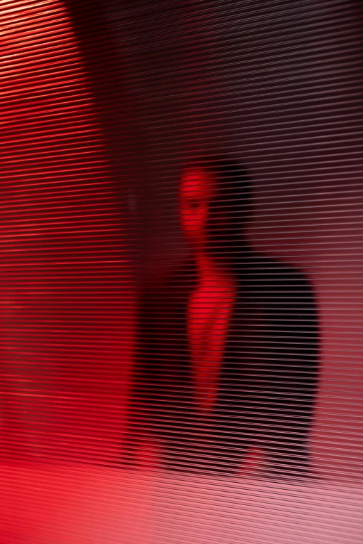 a man standing in front of a red light, by Nathalie Rattner, conceptual art, moire, ominous photo, red - black, gif