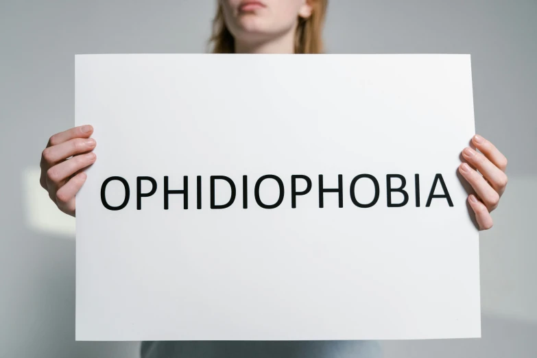 a woman holding a sign that says ophidphobia, on a gray background, kenopsia, olbivion, uploaded