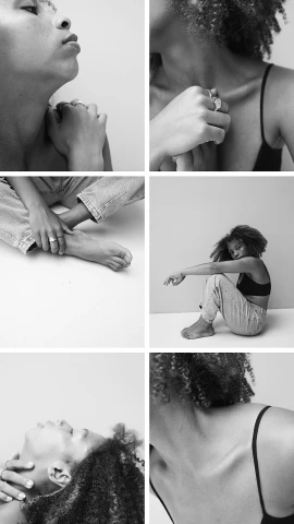 a series of black and white photos of a woman, inspired by Carrie Mae Weems, trending on pexels, denim, body parts, seated, pastel'